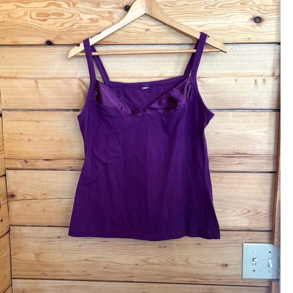 Vintage Tank Top Women Large Deep Purple Square Neck Satin Trim Mixed Media Cami